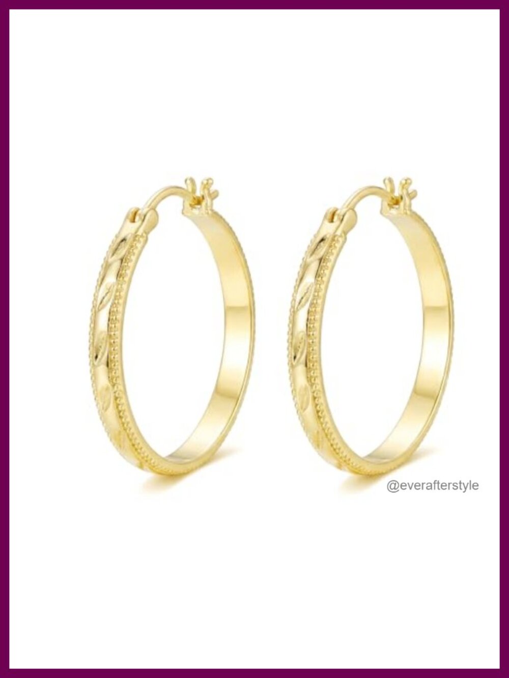 14k Yellow Gold Hoop Earrings for Women, Leaf-Engraved Huggie Hoops with Beaded